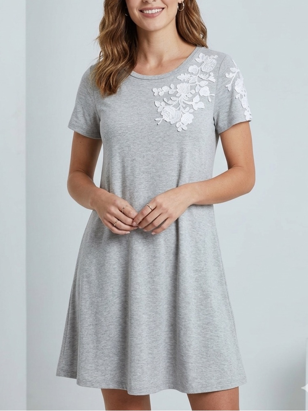 Spense Light Gray Floral Detail Comfy Cotton Casual Tee Shirt Dress Preppy Small